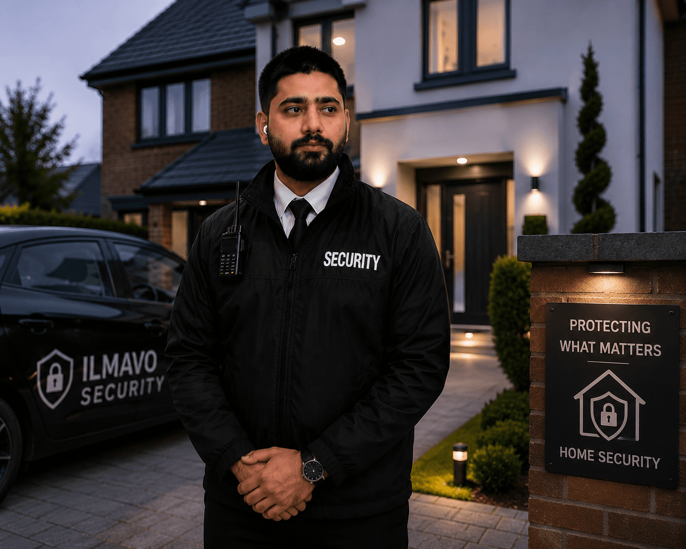 Professional security guard standing at a commercial site