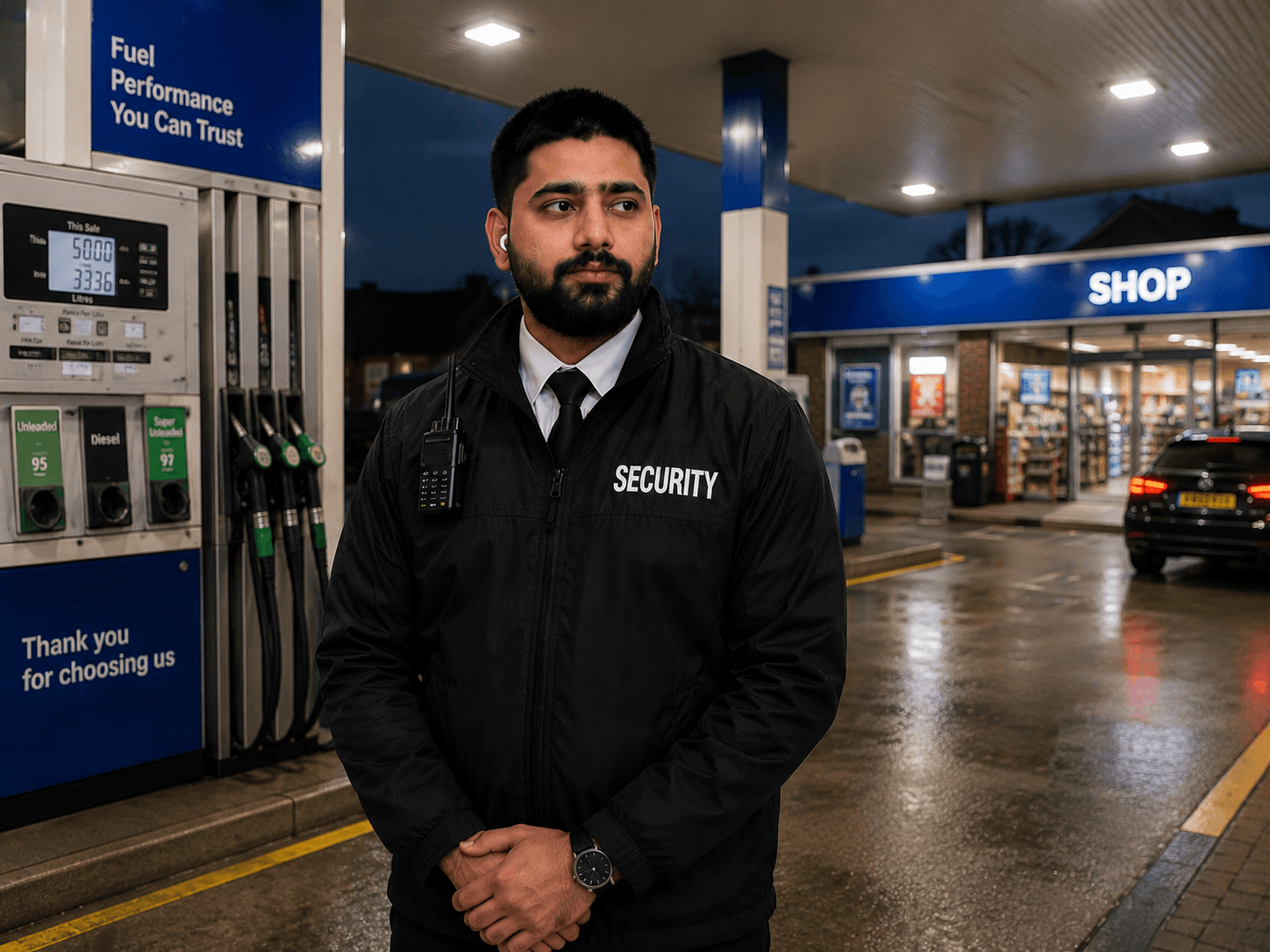 Professional security guard standing near a customer-facing shop environment
