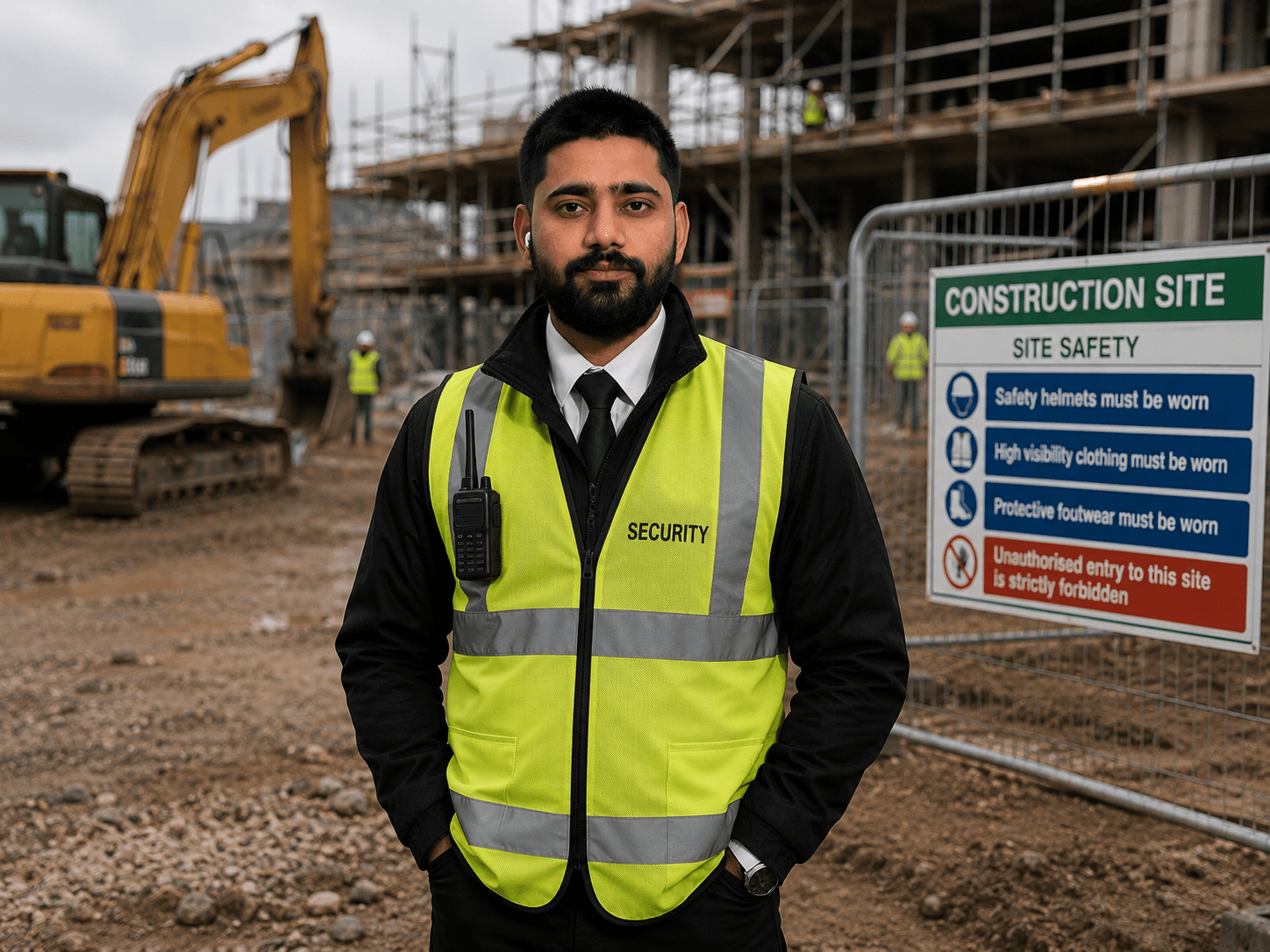 Professional security guard standing at a construction site