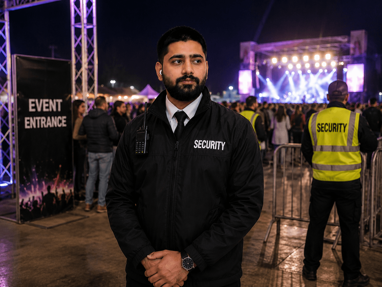 Professional security guard standing at an event or venue entrance