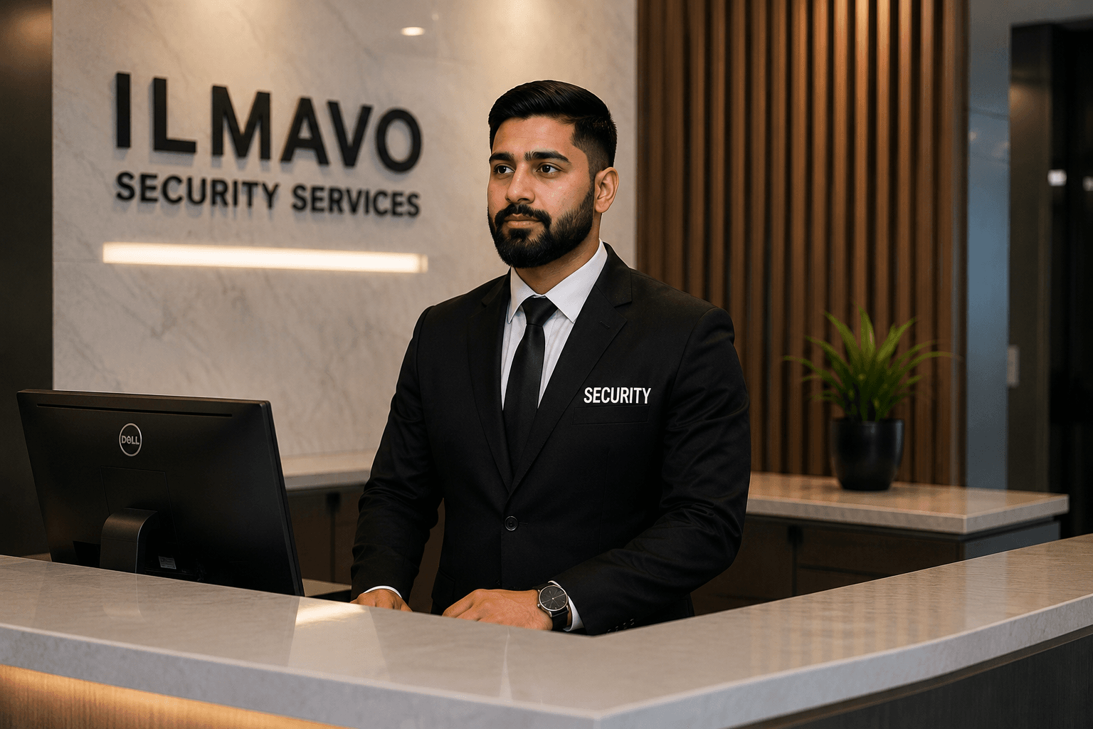 Professional security guard standing in a corporate reception area