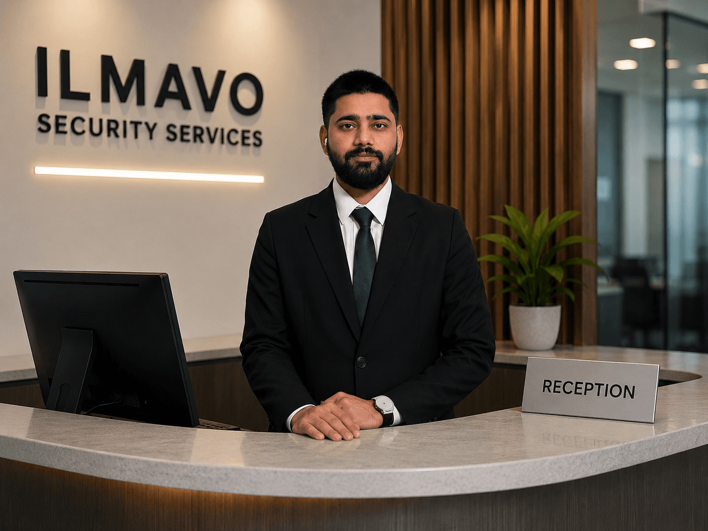 Professional security guard standing in a reception environment