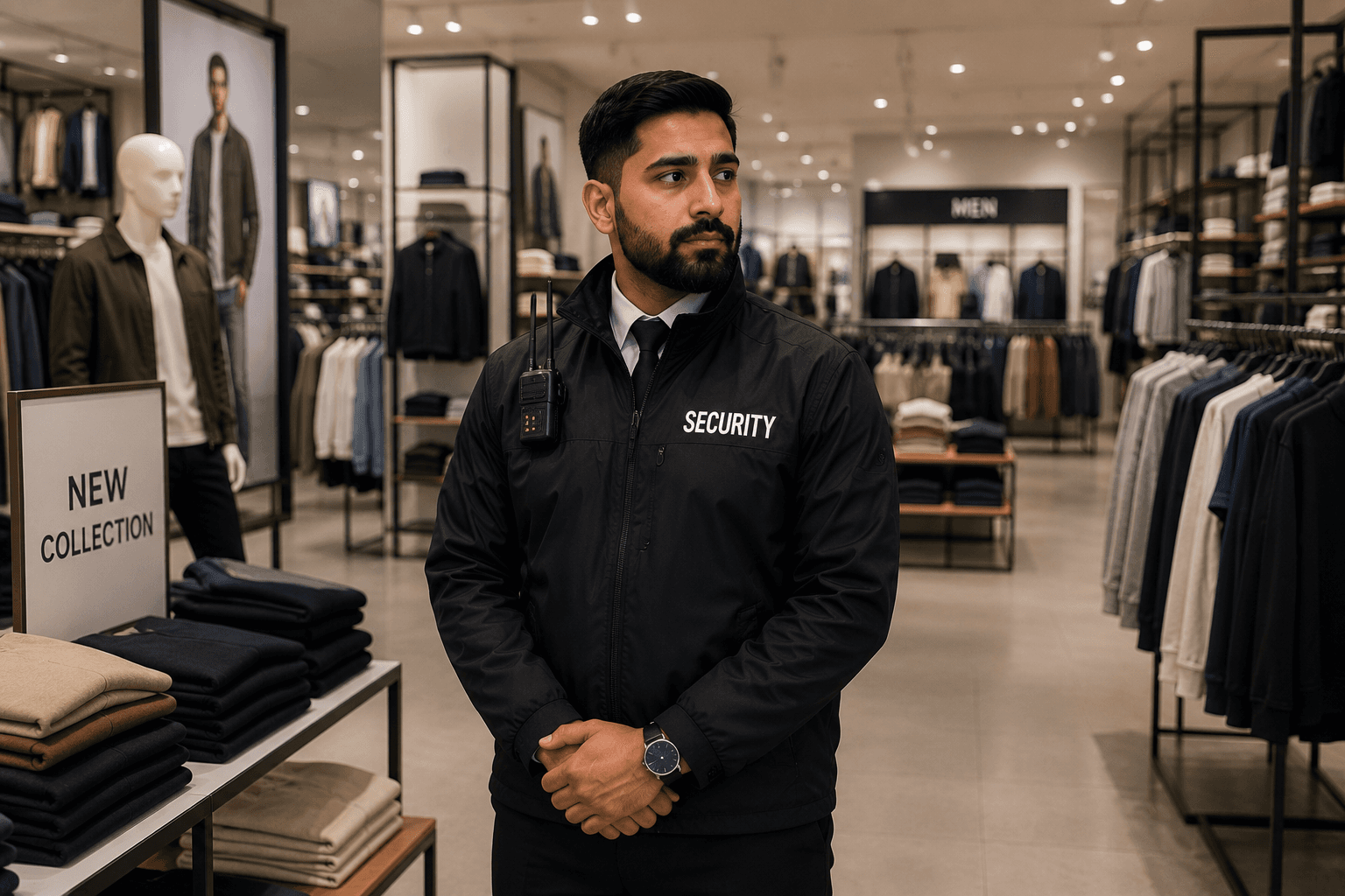 Professional security guard standing in a retail shop environment