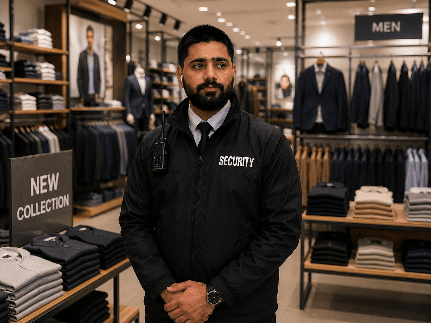 Professional security guard standing in a retail environment