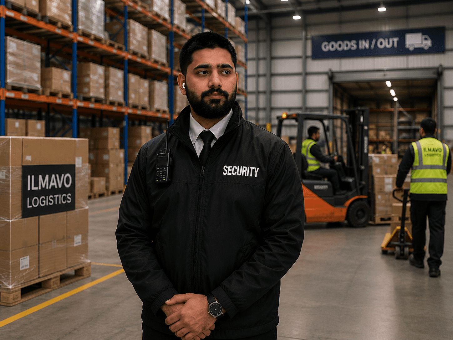 Professional security guard standing in a warehouse or logistics environment